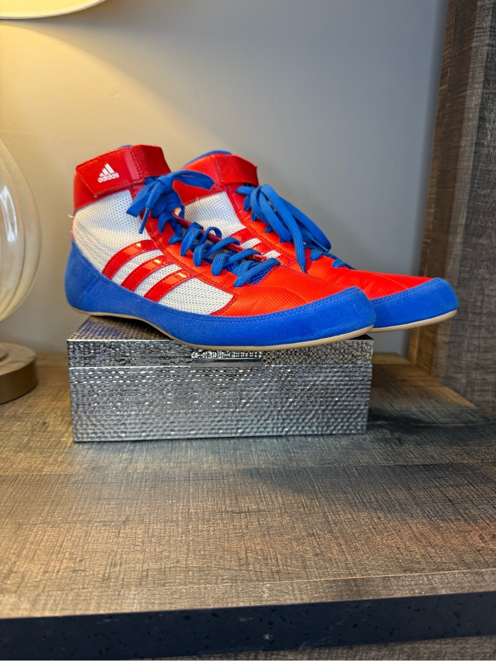 Adidas Boxing Wrestling Shoes Mens 10 Red Blue High Top. Art S77937